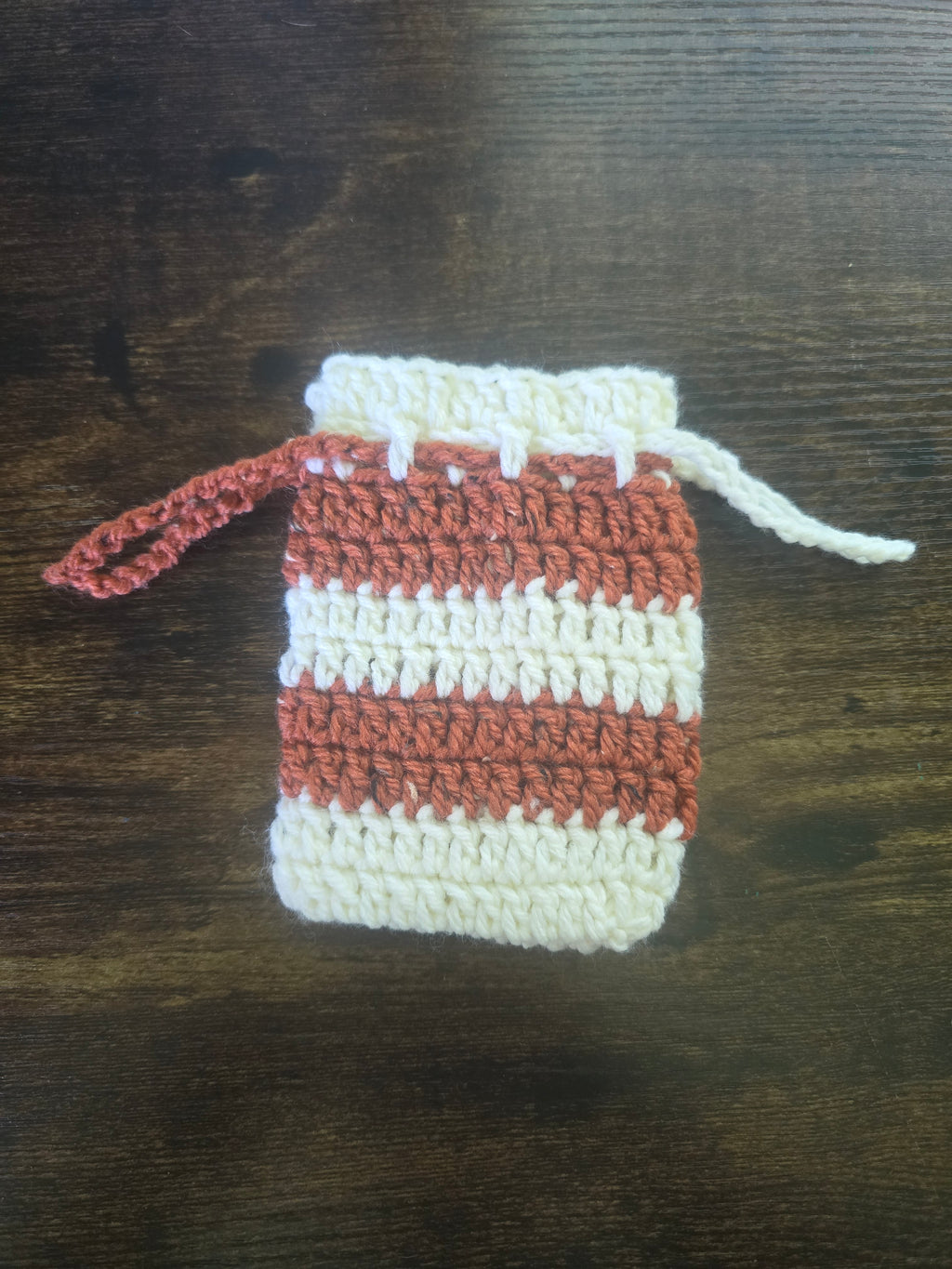 White an Rust Orange Drawstring Pouch (Medium)