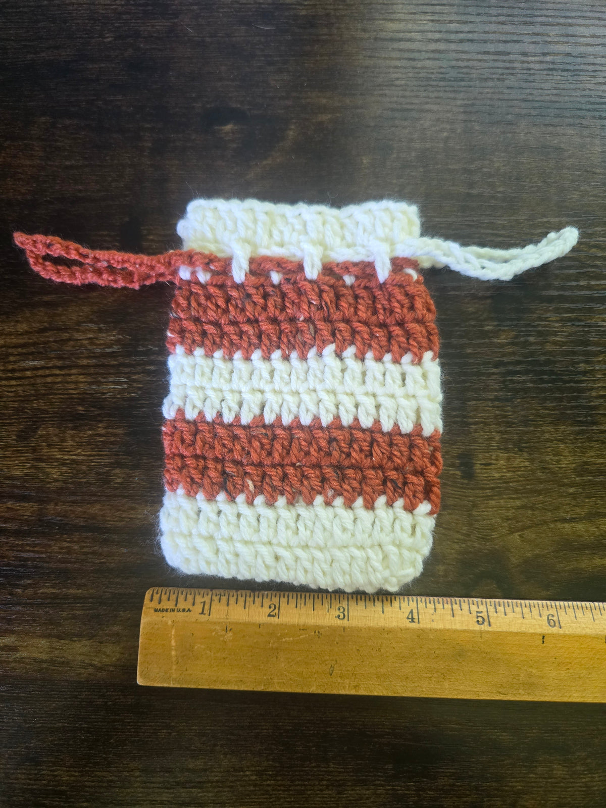 White an Rust Orange Drawstring Pouch (Medium)